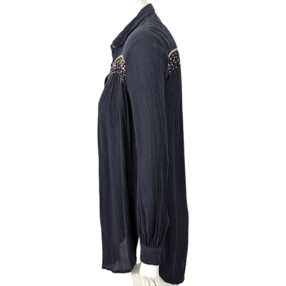 Anthropologie Floreat Beulah Beaded Tunic Button Down Top Blouse S Navy Blue - Picture 6 of 11
